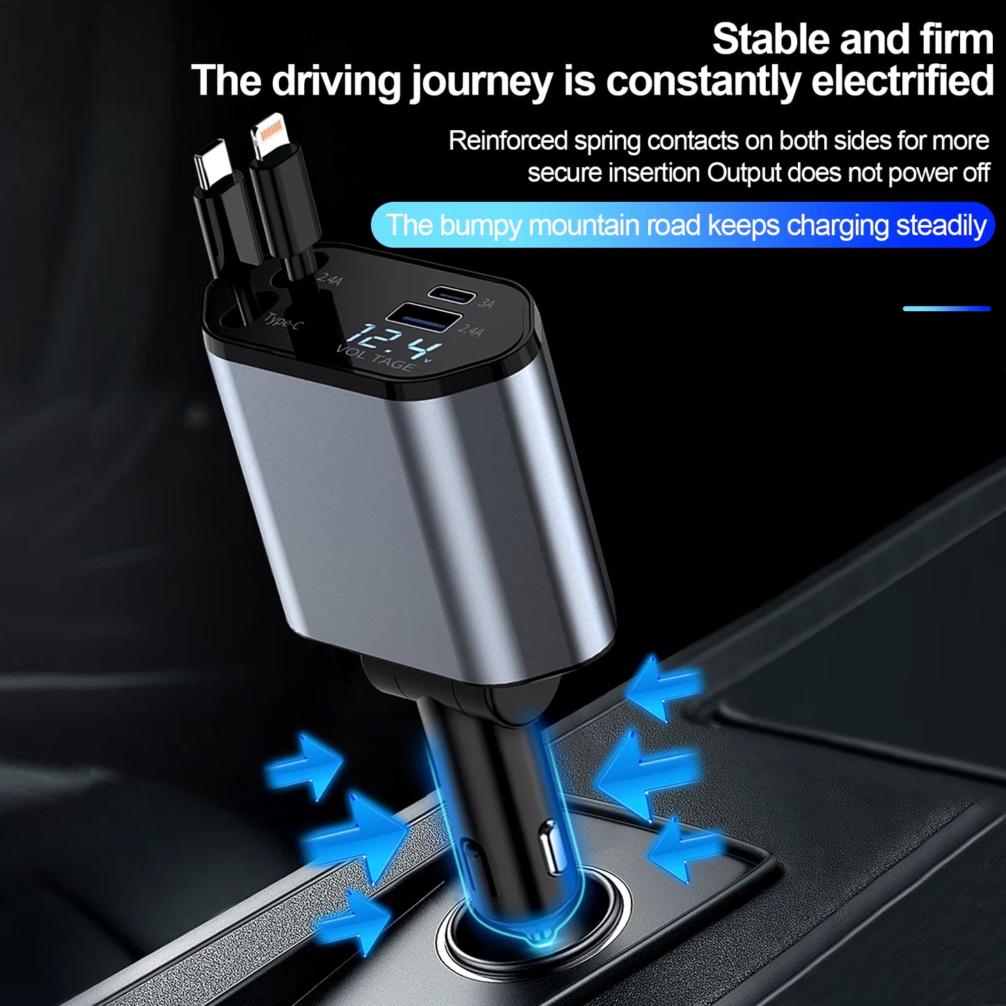 4 in 1 Retractable Car Charger, 100W Quick Charge with 2 USB Port, Retractable Iphone Charger & Tap-C Charger, Retractable Cable