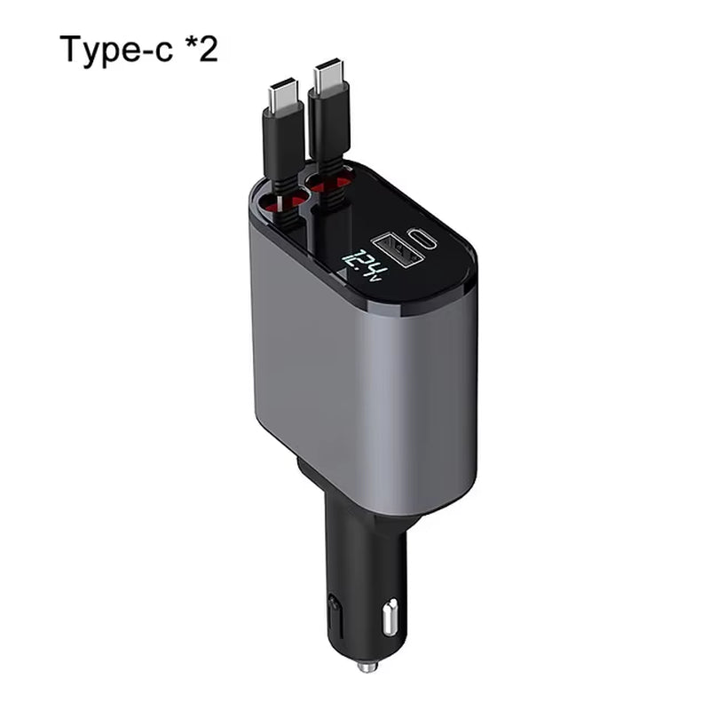 2024 New Retractable Car Charger 120W Fast Charger 4-In-1 Fast Charging Car Phone Charger 2 USB Ports Car Charger Adapter