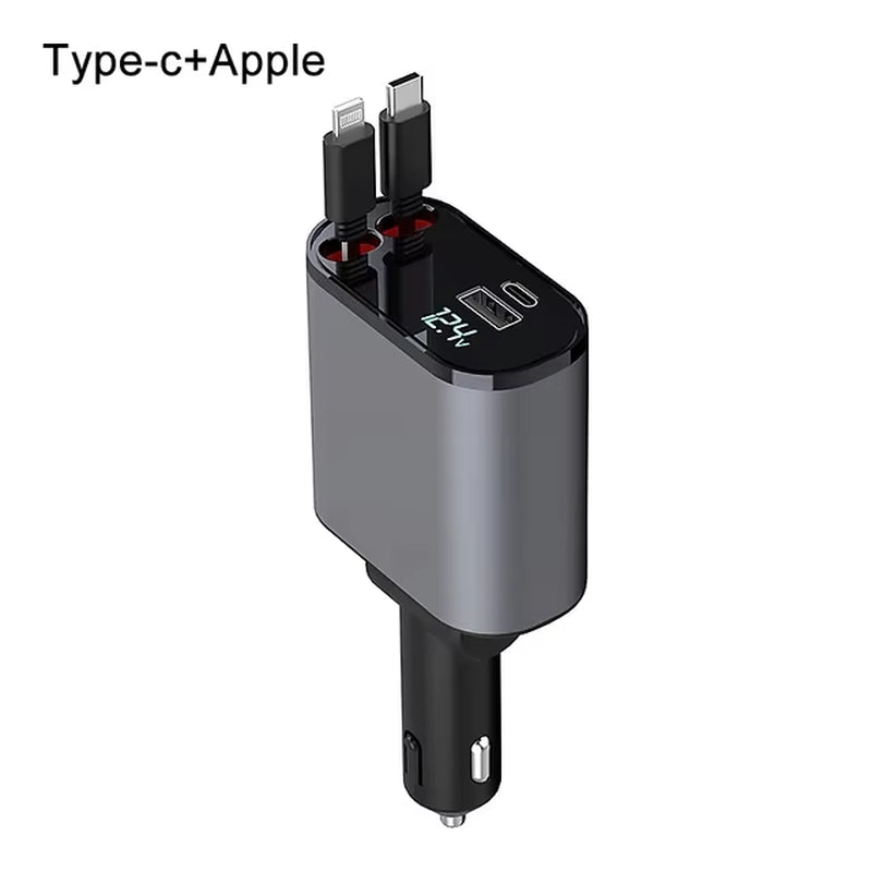 2024 New Retractable Car Charger 120W Fast Charger 4-In-1 Fast Charging Car Phone Charger 2 USB Ports Car Charger Adapter