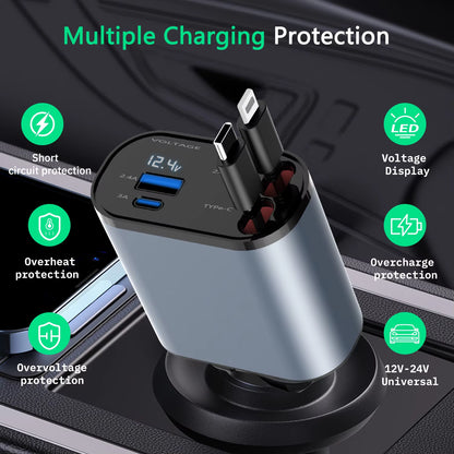 2024 New Retractable Car Charger 120W Fast Charger 4-In-1 Fast Charging Car Phone Charger 2 USB Ports Car Charger Adapter